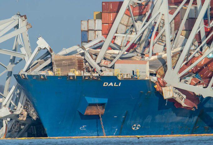 Cargo Ship Dali, Image credit: Twitter.  April 8: Latest updates on operations at Francis Scott Key Bridge collapse site