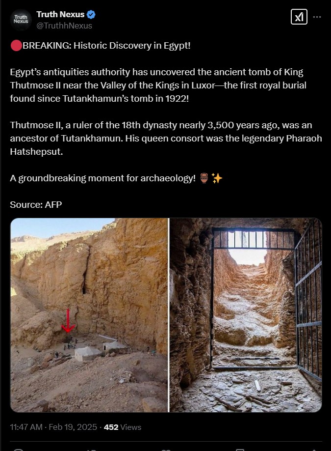 Ace News Today: Amazing discovery: Royal tomb of King Thutmose II unearthed during Egyptian excavation. Image credit: X