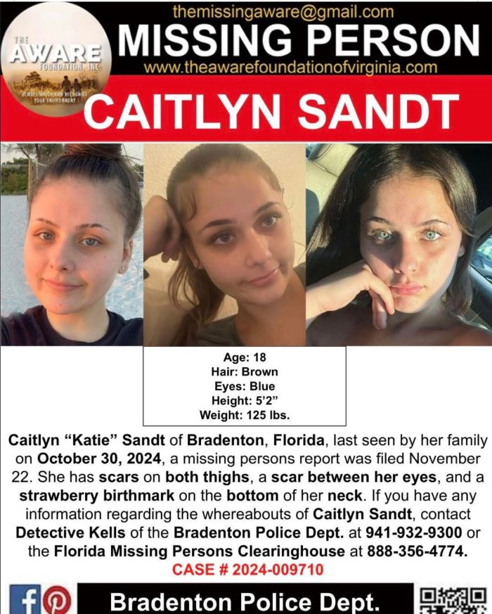 Ace News Today; Caitlyn Sandt has been missing now for 10 months, Image credit: Bradenton Police Department