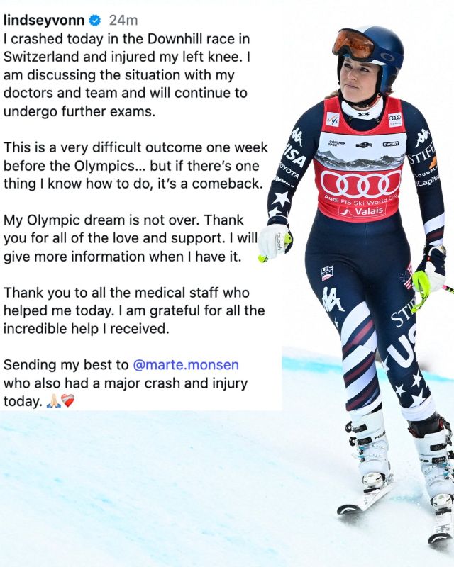 Ace News Today: Lindsey Vonn crashes in her final downhill World Cup race, airlifted with injuries. Image credit: X