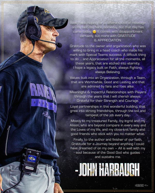 Ace News Today: Ravens shocker: Baltimore fires head coach John Harbaugh after 18 seasons. IMage credit: Facebook