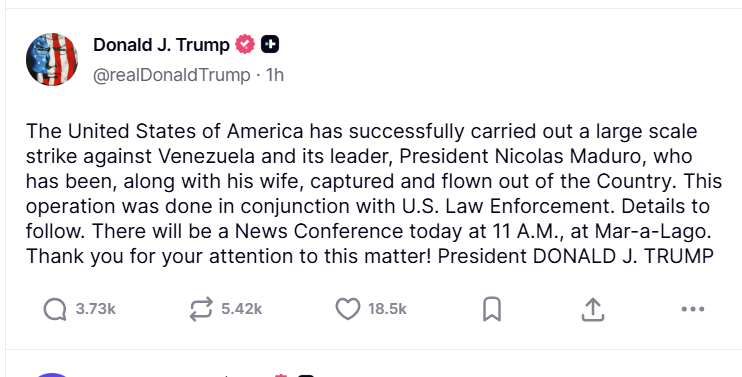 Ace News Today: U.S. launches airstrikes on Venezuelan military sites, Trump claims Maduro captured. Image credit: Truth Social