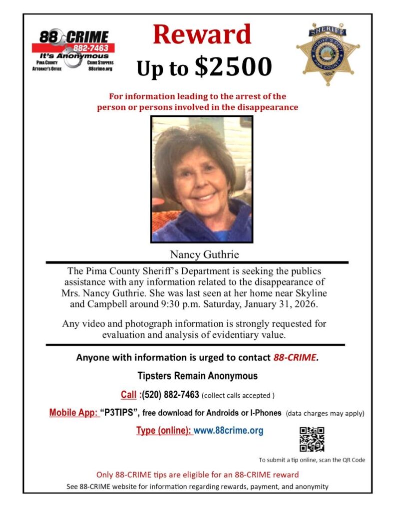 Ace News Today: ‘Today’ show host Savannah Guthrie's mother missing in Arizona: Police investigate possible kidnapping. Image credit: Pima County Sheriff’s Department